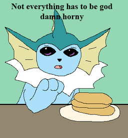 3_toes ambiguous_gender black_nose black_text blue_body feet food frill_(anatomy) furniture green_background open_mouth pancake paws plate semi-anthro simple_background solo table tan_body text toes white_body white_frill richard_roe nintendo pokemon eeveelution generation_1_pokemon pokemon_(species) vaporeon 2024 digital_media_(artwork) english_text low_res pixel_(artwork) reaction_image