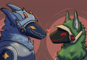 anthro blush duo fur green_body green_fur grey_body grey_fur heart_symbol horn machine male markings multi_mouth multicolored_horn orange_eyes orange_horn orange_mouth protogen_armor protogen_visor red_eyes red_mouth romantic romantic_couple screen screen_face simple_background star_(marking) fluff_the_doc art_fight artfight2026 callisto_(toasty_teddy) jones_(mrmoopne) protogen colored hi_res shaded watermark