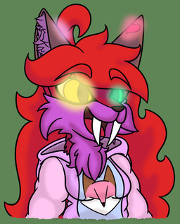 ahoge anthro breasts brown_body brown_clothing brown_ears brown_fur clothing fangs female fur glowing glowing_eyes glowing_markings green_eyes hair heart_(marking) heterochromia long_hair markings neck_tuft open_mouth pink_body pink_clothing pink_fur purple_body purple_clothing purple_fur red_hair sabertooth_(anatomy) teeth tuft white_clothing yellow_eyes robynsnowyfoxxo robyn_(robynsnowyfoxxo) canid canine felid fox hybrid mammal prehistoric_species saber-toothed_tiger 2020 shaded demigirl_(lore) nonbinary_(lore) trans_(lore) trans_woman_(lore)