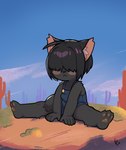 3_toes anthro barefoot blush clothing desert feet hair hair_over_eyes male overalls short_hair sitting solo spread_legs spreading toes young vertexcolor domestic_cat felid feline felis mammal absurd_res hi_res