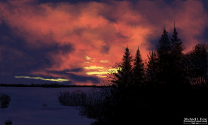 cloud dark detailed_background evergreen_tree landscape nature not_furry outside pine_tree plant scenery_porn snow sunset tree zero_pictured b_j_bear digital_media_(artwork) gimp_(artwork)