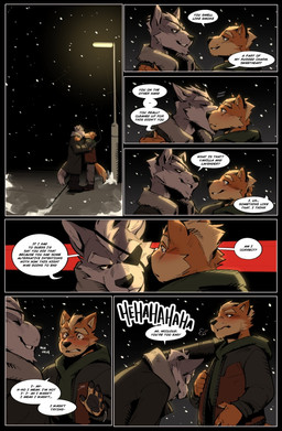 anthro black_clothing black_jacket black_topwear blush bowing clothing dialogue eye_patch eyewear fur green_clothing green_hoodie green_topwear grey_body grey_fur hoodie jacket kiss_on_lips kissing laugh male male/male night orange_body orange_fur smile sniffing snow snowing speech_bubble street_lamp text topwear mashtateos nintendo star_fox fox_mccloud wolf_o'donnell canid canine canis fox mammal wolf comic english_text hi_res