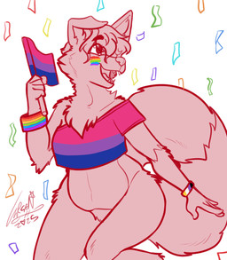 anthro bisexual_pride_colors clothing crop_top female flag flag_(object) floppy_ears fluffy fluffy_tail fur hair lgbt_pride nonbinary_pride_colors pride_colors shirt solo tail topwear neon_noble jesam_(jesam) canid canine fox mammal red_fox true_fox digital_media_(artwork) hi_res monochrome nonbinary_(lore) trans_(lore) trans_woman_(lore)