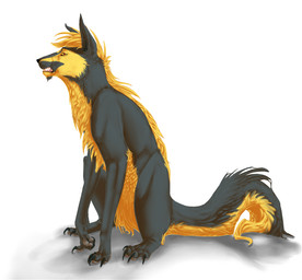 ambiguous_gender claws feral fur grey_body grey_fur red_eyes simple_background solo tail teeth white_background yellow_body yellow_fur neltruin canid canine canis domestic_dog mammal source_request
