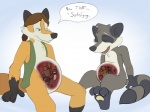 anthro dialogue extreme_size_difference feet group hindpaw internal larger_male male male/male male_pred male_prey paws size_difference smaller_male tail text vore rockk oliver_(rockk) canid canine fox mammal procyonid raccoon english_text