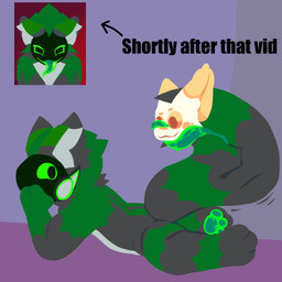 ambiguous_gender anthro bodily_fluids colored_saliva duo green_body green_eyes green_saliva green_tongue intersex intersex/male lying machine male on_front orange_eyes pawpads saliva tail tail_fetish tail_mouth tail_play tail_vore text tongue unusual_anatomy unusual_bodily_fluids unusual_saliva unusual_tail vore crime_toaster crime_(crime_toaster) protogen 1:1 english_text hi_res