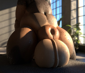 animal_genitalia anthro balls bed belly big_balls bodily_fluids furniture genitals huge_balls hyper kneeling kneeling_on_bed male multicolored_body nude on_bed overweight sheath slightly_chubby solo sweat thick_thighs efoav efoav_(character) canid canine mammal raccoon_dog tanuki 3d_(artwork) blender_(artwork) digital_media_(artwork)