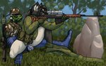 anthro assault_rifle balls blue_body blue_scales bodily_fluids bottomless bottomwear camo camo_bottomwear camo_clothing camo_pants camo_print clothed clothing cum cum_in_pussy cum_inside distracted_sex duo erection female female_penetrated forest genital_fluids genitals gun holding_gun holding_object holding_ranged_weapon holding_weapon humanoid_genitalia humanoid_penis male male/female male_penetrating male_penetrating_female open_mouth outside pants pattern_bottomwear pattern_clothing pattern_pants penetration penis plant pussy ranged_weapon rifle scales sex shirt sniper_rifle topwear tree uniform vaginal vaginal_penetration weapon tall_lizzard_(artist) bethesda_game_studios microsoft the_elder_scrolls tristen argonian canid canine fox mammal red_fox reptile scalie silver_fox true_fox