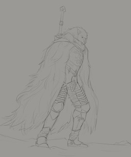 anthro armor clothed clothing grey_background head_tuft inner_ear_fluff male male_anthro melee_weapon mouth_closed rock simple_background solo standing sword sword_on_back tuft weapon weapon_on_back aduran elden_ring fromsoftware blaidd_(elden_ring) canid canine canis mammal wolf absurd_res full-length_portrait hi_res monochrome portrait sketch