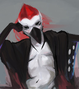 anthro beak black_body black_clothing black_eyes clothed clothing feathers hair looking_at_viewer male male_anthro pose red_body red_feathers red_hair simple_background solo white_body white_feathers horenaosu layvan avian bird picid piciform woodpecker 2025 absurd_res digital_media_(artwork) hi_res