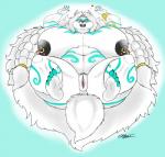 anthro big_breasts big_butt biped breasts butt female genitals huge_breasts huge_butt lying nipple_piercing nipples on_back overweight overweight_anthro overweight_female piercing pussy simple_background solo thick_thighs eth_(artist) canid canine canis mammal wolf hi_res