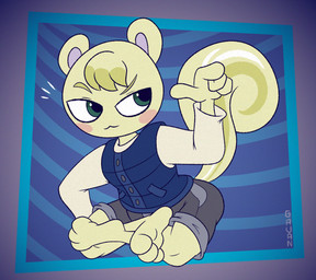 :3 abstract_background anthro arched_back blush bottomwear clothing fur gesture green_eyes hand_gesture male pointing short shorts smug solo sweater topwear vest white_body white_fur gavanzude animal_crossing nintendo marshal_(animal_crossing) mammal rodent sciurid tree_squirrel alternate_version_at_paywall digital_drawing_(artwork) digital_media_(artwork) hi_res signature