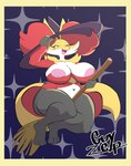 absurd_res anthro areola big_breasts breasts broom broom_riding cleaning_tool clothing delphox female generation_6_pokemon guyzep hat headgear headwear hi_res nintendo nipples open_mouth pokemon pokemon_(species) red_eyes solo tail thick_thighs witch_hat