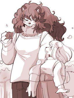 4_fingers anthro anthro_on_anthro arm_grab backpack big_hair biped blush bottomwear camera clothed clothing duo female female/female female_anthro fingerpads fingers floppy_ears fully_clothed hair hand_on_arm holding_camera holding_object interspecies kemono larger_anthro larger_female long_hair looking_at_another looking_at_partner monotone_hair multicolored_hair neck_tuft open_mouth open_smile outside pants pawpads romantic romantic_couple shirt size_difference skirt smaller_anthro smaller_female smile standing topwear tuft two_tone_hair white_clothing white_shirt white_topwear setouchi_kurage canid canine canis domestic_dog felid lion mammal pantherine 2024 digital_drawing_(artwork) digital_media_(artwork) hi_res monochrome