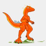 balls bodily_fluids cum foreskin genital_fluids genitals male nipples orange_body penis precum solo yellow_eyes palister35 dinosaur prehistoric_species reptile scalie 1:1 hi_res