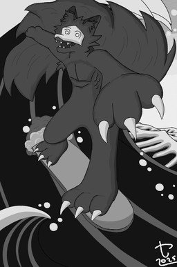 3_fingers ambiguous_gender anthro armpit_tuft bone bone_mask bubble claws finger_claws fingers fluffy fluffy_tail foam foreshortening fur grey_body grey_fur inner_ear_fluff mask open_mouth open_smile pecs pointy_ears sharp_teeth skull skull_mask smile smiling_at_viewer solo surfboard surfing tail teeth toe_claws toony tuft water carnaltwin changed_(video_game) puro_(changed) canid canine canis goo_creature mammal wolf 2025 absurd_res digital_drawing_(artwork) digital_media_(artwork) dithering hi_res monochrome watermark