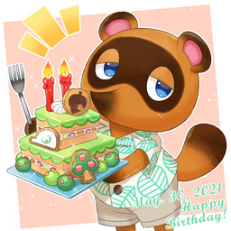 anthro birthday_cake blue_eyes blush bottomwear brown_body brown_fur cake candle chibi clothing dessert food fur kemono male shirt shorts slightly_chubby solo text topwear hellox2 animal_crossing nintendo tom_nook_(animal_crossing) canid canine mammal raccoon_dog tanuki 1:1 2021 english_text
