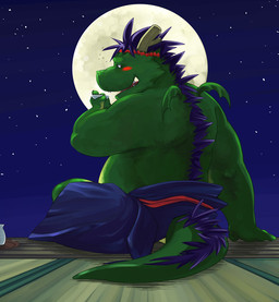 anthro belly clothed clothing drunk green_body kemono male moon night overweight overweight_anthro overweight_male sitting solo substance_intoxication tail wings kotori morenatsu mythology tatsuki_midoriya dragon mythological_creature mythological_scalie scalie 2010