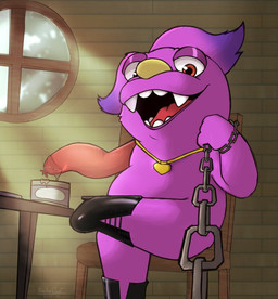 ambiguous_gender anthro biped boots bound chain chained clothing food footwear fur hair heart_necklace imminent_sex inside jewelry leash leashed_viewer looking_at_viewer lube meat necklace nude purple_body purple_fur purple_hair red_eyes sausage sharp_teeth shoes sitting solo teeth yellow_nose psychogoat bugsnax young_horses beffica_winklesnoot grumpus female_(lore)