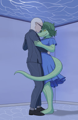 anthro arms_around_partner bald barefoot big_breasts black_bottomwear black_clothing black_footwear black_pants black_shirt black_shoes black_topwear blue_clothing blue_dress bottomwear breasts canon_couple clothed clothed_anthro clothed_female clothed_human clothed_male clothing collared_shirt dancing dress dress_shirt dress_shoes duo eyes_closed feet female fingers footwear green_body green_hair grey_eyes hair hand_on_arm happy hug human_on_anthro humanoid_feet humanoid_hands interspecies long_tail looking_at_another male male/female medium_hair non-mammal_breasts pants plantigrade romantic romantic_couple shadow shirt shoes smile standing tail toes topwear underwater water yellow_sclera big_daddy_(artist) cavemanon_studios i_wani_hug_that_gator inco_(iwhtg) olivia_halford baryonyx dinosaur human mammal prehistoric_species reptile saurischian scalie spinosaurid theropod absurd_res colored full-length_portrait hi_res portrait shaded