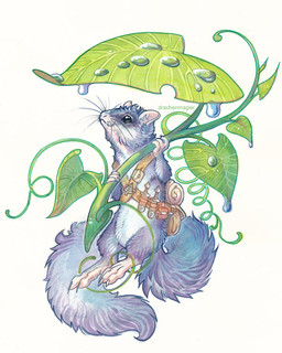 ambiguous_gender backpack belt dagger dew feral fur grey_body grey_fur holding_leaf holding_object leaf leaf_umbrella melee_weapon sash simple_background sleeping_bag solo utility_belt water weapon white_background white_body white_fur drachenmagier dormouse edible_dormouse mammal rodent 2016