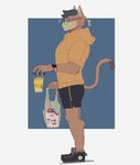 anthro bag beverage black_hair bottomwear brown_body brown_fur clothed clothing coffee_cup container countershade_face countershading cup eyewear falling footwear fully_clothed fur glasses hair holding_bag male shoes shorts side_view solo sweater tan_body tan_fur topwear wrigley_(artist) among_us apple_inc. apple_watch innersloth mcdonald's wrigley_(character) domestic_cat felid feline felis mammal 2021 hi_res