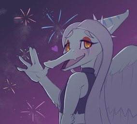 anthro blue_body blush bodily_fluids choker clothed clothing crying feathered_wings feathers female fireworks gesture hair half-closed_eyes heart_symbol jewelry long_hair long_snout looking_at_viewer looking_back makeup narrowed_eyes necklace open_mouth orange_eyes rear_view snout solo tears waving waving_at_viewer wings fawxhead cavemanon_studios goodbye_volcano_high ko_op_(game_developer) snoot_game fang_(gvh) prehistoric_species pterosaur reptile scalie hi_res