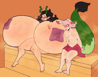 big_breasts big_tail blush bodily_fluids breast_squish breasts bulge dragon_tail duo erection face_on_breast feet female femboy hair hand_on_breast huge_breasts huge_tail hyper long_hair male male/female nipple_outline rabbit_ears simple_background sitting size_difference squish sweat tail towel eldiipiid humanoid 2026 absurd_res hi_res
