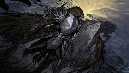 anthro armor beak breastplate brown_body brown_feathers claws clothing dutch_angle feathered_wings feathers flying gauntlets gloves glowing glowing_tree group halberd handwear holding_halberd holding_melee_weapon holding_object holding_polearm holding_shield holding_weapon male melee_weapon pauldron plant polearm shield solo_focus tree weapon wings yellow_eyes themefinland elden_ring elden_ring_nightreign fromsoftware guardian_(nightreign) accipitrid accipitriform avian bird 2025 hi_res