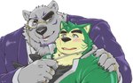 anthro black_nose blush clothed clothing duo fur green_body green_fur humanoid_hands kemono male overweight overweight_male white_body white_fur exe_exem lifewonders live_a_hero borealis_(live_a_hero) mokdai bear canid canine canis domestic_dog mammal polar_bear ursine 2022 digital_media_(artwork)