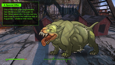 abdominal_bulge belly big_belly feral feral_pred gameplay_mechanics green_body sharp_teeth struggling struggling_prey tail teeth text tongue tongue_out user_interface vore jidane fallout microsoft canid canine canis domestic_dog mammal mutant_hound_(fallout) 16:9 english_text widescreen