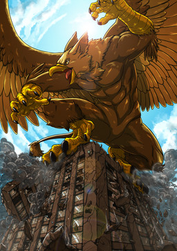 abs anthro beak biceps biped brown_body brown_fur building building_destruction city claws crush destruction detailed_background feathered_wings feathers feet finger_claws fur house macro male muscular muscular_anthro muscular_male nude open_mouth outside pecs roaring sky solo standing_on_building tail toe_claws toes tongue wings tatugon mythology carpo avian gryphon mythological_avian mythological_creature hi_res