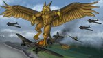 4_toes 5_fingers abs aircraft airplane anthro beak biceps brown_body burning burning_vehicle claws crush crushed_vehicle destruction extreme_size_difference feathered_wings feathers feet finger_claws fingers fire flying foot_crush macro macro_anthro macro_male male military military_vehicle muscular muscular_anthro muscular_male nude pawpads paws pecs size_difference sky skyscape smile solo tail toe_claws toes vehicle vehicle_destruction wings world_war_2 altairxxx mythology pyronite(commissioner) carpo avian gryphon mythological_avian mythological_creature 16:9 shaded widescreen