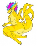 anthro anus breasts female genitals non-mammal_breasts pussy simple_background solo tail teasing white_background yellow_body yellow_skin kuroryushin-kuma mythology sophie_(drakeniea) dragon fish hybrid marine mythological_creature mythological_scalie scalie shark hi_res