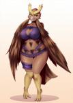 2020 anthro anthrofied avian beak big_breasts bird blush breasts clothed clothing digital_media_(artwork) feathered_wings feathers feet female generation_2_pokemon hi_res looking_at_viewer mleonheart nintendo nipple_outline noctowl non-mammal_breasts owl pokemon pokemon_(species) pokemorph solo talons toes wings