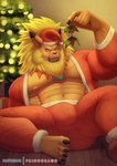 abs anthro bulge christmas_clothing christmas_headwear claws clothing costume hat headgear headwear holidays holly_(plant) male muscular muscular_anthro muscular_male navel nipples pecs plant santa_costume santa_hat solo primodrago bandai_namco christmas digimon digimon_(species) felid leomon lion mammal pantherine hi_res