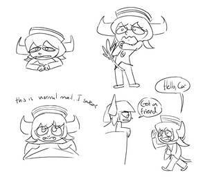 ambiguous_gender bangs clothing dialogue duo fangs female gesture grimace hair hat headgear headwear holding_card holding_mail horn long_ears looking_at_another looking_at_viewer mail narrowed_eyes postman_hat sad salute simple_background solo speech_bubble standing tail tail_between_legs talking_to_another teeth uniform white_background dump_the_gallery disney star_vs._the_forces_of_evil fan_character ransomgram_monster_(svtfoe) horned_humanoid humanoid monster tailed_humanoid hi_res monochrome sketch