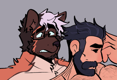 anthro beard black_beard black_eyebrows black_facial_hair black_hair brown_beard brown_body brown_ears brown_facial_hair brown_fur brown_nose duo eyebrows eyewear facial_hair fur glasses grey_background hair looking_at_another male multicolored_hair orange_body orange_fur pink_hair simple_background tan_body tan_fur teeth two_tone_hair melaisen bau_(melaisen) akita american_akita canid canine canis domestic_dog human mammal spitz 2022 cropped digital_drawing_(artwork) digital_media_(artwork) unfinished