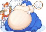 anthro barefoot blue_body canid canine chill_dog dialogue duo english_text eulipotyphlan feet food fox hedgehog male mammal marker_(artwork) miles_prower morbidly_obese obese overweight prisonsuit-rabbitman sega shadow smile smirk sonic_the_hedgehog sonic_the_hedgehog_(series) speech_bubble text toes traditional_media_(artwork) weight_gain white_body white_skin