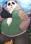 anthro belly big_belly black_body black_nose bottomwear clothing detailed_background hoodie humanoid_hands kemono male one_eye_closed outside overweight overweight_male pants solo tongue tongue_out topwear white_body wink shirokumaou jujutsu_kaisen panda_(jujutsu_kaisen) bear giant_panda mammal 2022 hi_res