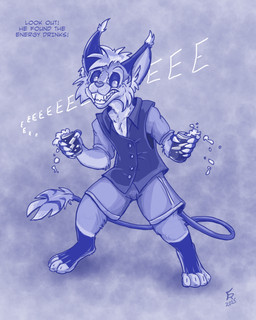 anthro beverage bottomwear clothing dialogue energy_drink feet grin leg_markings male markings shorts smile socks_(marking) solo tail teeth text toeless_(marking) toeless_socks_(marking) topwear vest flinters felid feline lynx mammal 2025 4:5 blue_and_white english_text hi_res monochrome