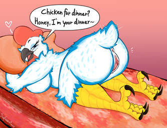 anthro ass_up beak bed bedroom_eyes big_breasts breasts butt butt_focus claws feathers female furniture genitals looking_at_viewer narrowed_eyes non-mammal_breasts seductive smile solo text thick_thighs vulva wide_hips urefunest maggi_(copyright) galinha_azul maggi_(character) avian bird chicken galliform phasianid english_text hi_res