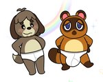 animal_crossing anthro barefoot big_bulge blue_eyes blush briefs briefs_only brown_body brown_fur bulge canid canine canis clothed clothing digby_(animal_crossing) domestic_dog duo feet freckles fur hands_on_hips heart_symbol male mammal nintendo nishi_oxnard raccoon_dog rainbow simple_background smile sparkles tan_body tan_fur tanuki tighty_whities tom_nook_(animal_crossing) topless underwear underwear_only white_background white_briefs white_clothing white_underwear y-fronts