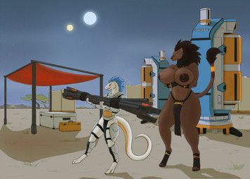 action_pose anthro areola armor big_areola big_breasts black_nipples blue_eyes blue_hair bottomwear breasts brown_body brown_fur brown_hair clothed clothing crate duo extractor fur gynomorph hair intersex larger_gynomorph larger_intersex loincloth long_tail male markings nature nipples open_mouth partially_clothed plant pose scales science_fiction size_difference sky smaller_male smile standing sun tail text tree two_suns walking weapon white_body white_scales yellow_eyes wolfarion aldqueath felid lion mammal pantherine scalie 2021 artist_name colored shaded