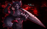 anthro black_body black_fur canid canine canis claws code_lyoko english_text fur hi_res large_sword male mammal melee_weapon ronkeyroo solo sword sword_on_back text weapon william_dunbar wolf zweihander