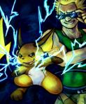 ambiguous_gender blonde_hair blue_eyes duo electricity eyewear gym_leader hair male orange_body orange_eyes sunglasses haychel nintendo pokemon lt._surge generation_1_pokemon human mammal pokemon_(species) raichu rodent 2012 absurd_res digital_media_(artwork) hi_res