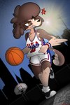 angry anthro ball basketball basketball_(ball) basketball_hoop basketball_uniform clothing female female_anthro night running sportswear uniform xanodice sasha_sobakin_(appleseid) canid canine canis domestic_dog mammal poodle hi_res