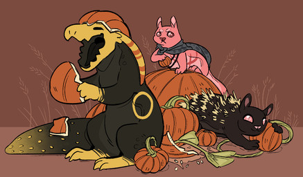 abdominal_scar ambiguous_gender antennae_(anatomy) back_fur black_body black_mouth circle_(marking) feral food frown fruit fur furrowed_brow glistening glistening_eyes gloves_(marking) gradient_tail group happy holding_object holidays leaf leg_markings lighter_belly markings neck_accessory nuzzling object_on_head open_mouth pink_body pink_eyes pink_nose plant pumpkin pumpkin_patch scar scarf simple_background small_ears smile socks_(marking) spots spotted_markings standing_on_object striped_antennae stripes trio vines yellow_head yellow_markings sovenasark halloween rain_world videocult lizard_(rain_world) slugcat yellow_lizard_(rain_world) 2021 digital_drawing_(artwork) digital_media_(artwork) full-length_portrait portrait