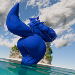 5_fingers anthro areola big_breasts big_butt blue_areola blue_body blue_fur blue_nipples blue_tail breasts butt cloud crossgender female fingers fur huge_breasts huge_butt mtf_crossgender neck_tuft nipples nude outside solo tail tuft water nightlyflare quasar_(nightlyflare) canid canine fox mammal 1:1 2026 3d_(artwork) digital_media_(artwork) male_(lore)