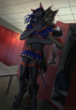 anthro anthro_on_anthro biped boots bottomwear bulge claws clothed clothed_anthro clothed_male clothing duo feet fingers footwear front_view fully_clothed fully_clothed_anthro fully_clothed_male fur hair high_heeled_boots high_heels inside legwear male male/male navel shoes standing tail teeth thigh_boots thigh_highs toes tongue topwear akipesa canid canine mammal 2026 digital_drawing_(artwork) digital_media_(artwork) hi_res